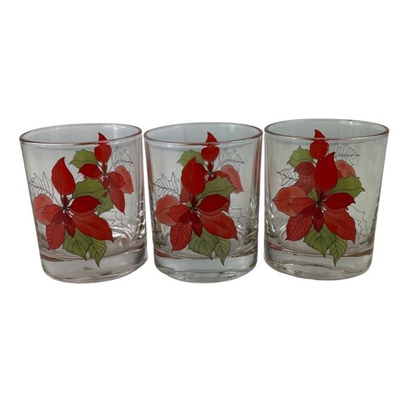Vintage Christmas 8oz Glassware Old Fashioned Poinsettia by Block Set of 3 - Picture 3 of 11